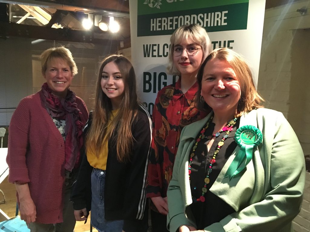 Diana Toynbee (far left) and Ellie Chowns (far right) congratulate 6th Form Green election candidate Anna Ricks (right) and her campaign manager Lily (left)