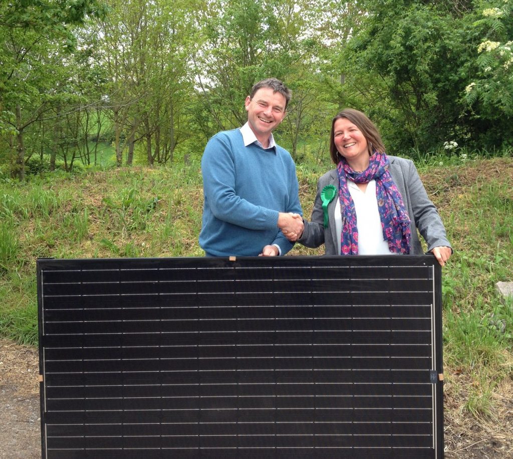 Dr Ellie Chowns and Gareth Williams, Managing Director of Fownhope-based Caplor Energy, with one of the latest solar photovoltaic panels