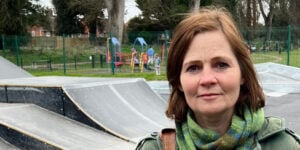 Justine Peberdy with play equipment at Ledbury Recreation ground