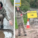 Green Party councillor Toni Fagan reporting potholes and road disruption after local flooding