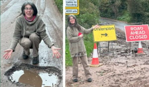 Green Party councillor Toni Fagan reporting potholes and road disruption after local flooding